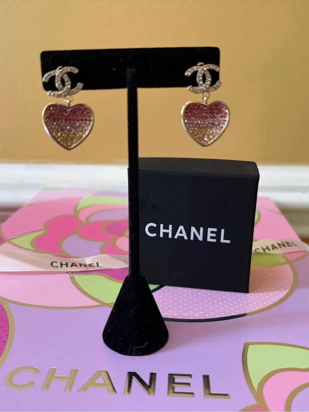 Chanel Gold and Pink Heart drop earrings
